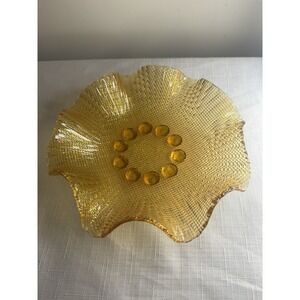 Vintage Fenton Yellow Glass Ruffled Dish Bowl 7.5"  Round Hobnail Feet‎